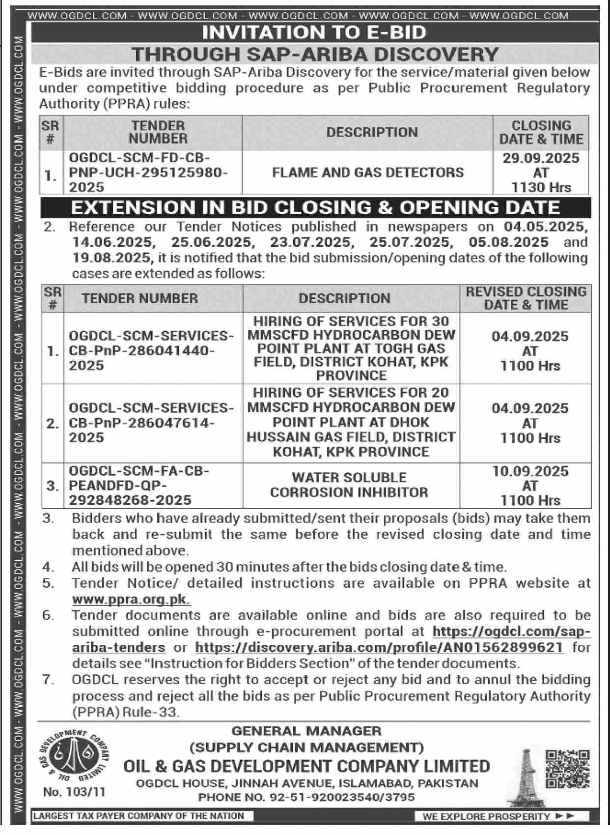 Oil & Gas Development Company Limited Islamabad Tender Notice